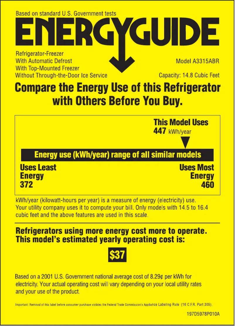 Page 1 de la notice Label énergétique Americana A3315ABRWW