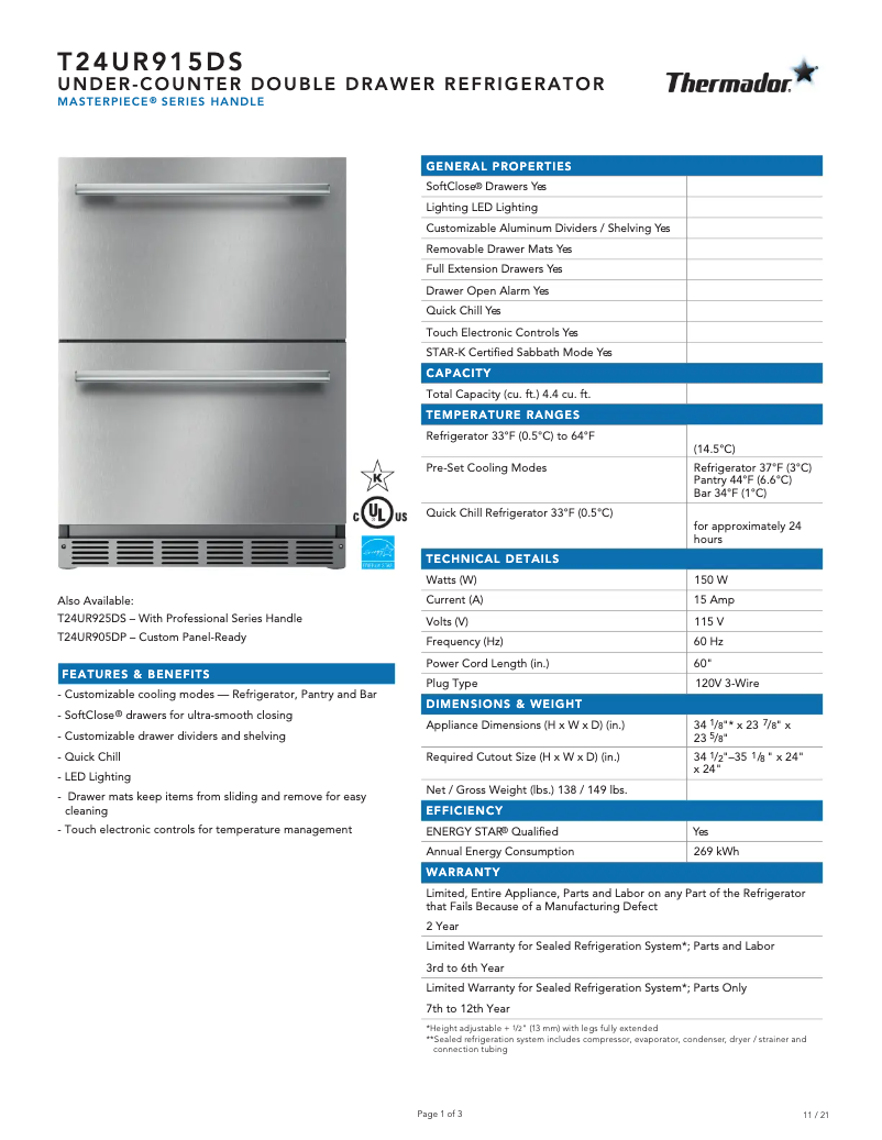 Page 1 de la notice Fiche technique Thermador T24UR915DS