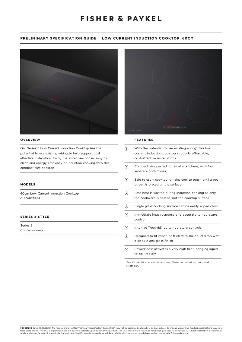 Page 1 de la notice Fiche technique Fisher & Paykel CI604CTPB1