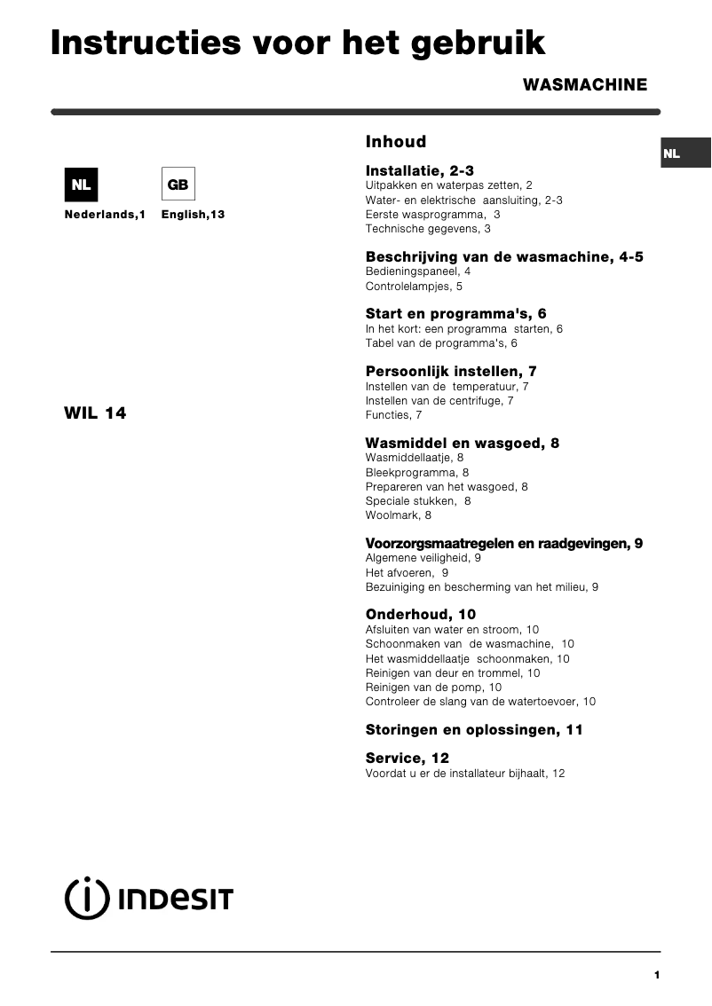 Page 1 de la notice Manuel utilisateur Indesit WIL 14