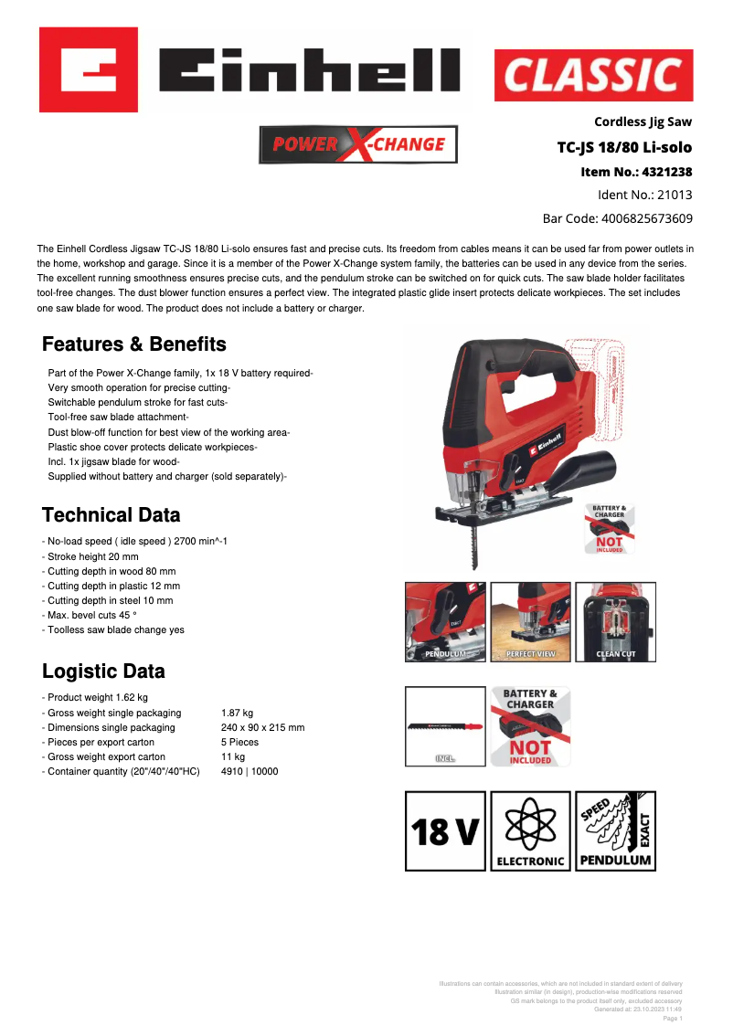 Page 1 de la notice Fiche technique Einhell TC-JS 18/80 Li