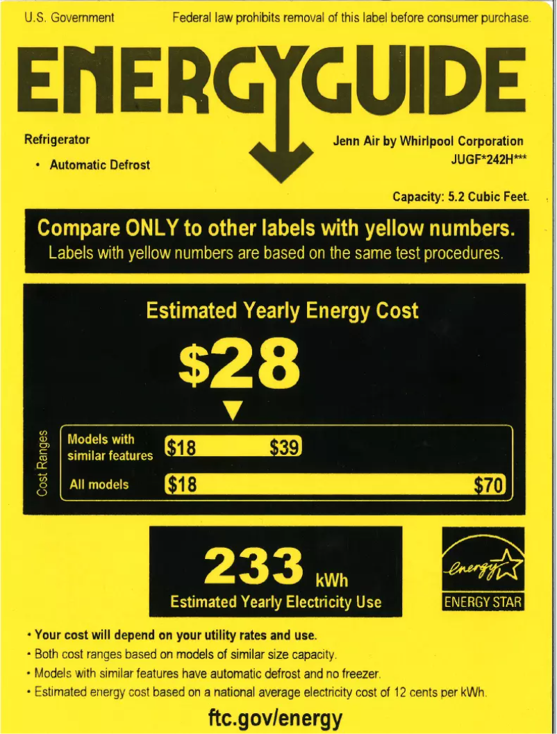 Page 1 de la notice Label énergétique JennAir JUGFR242HM