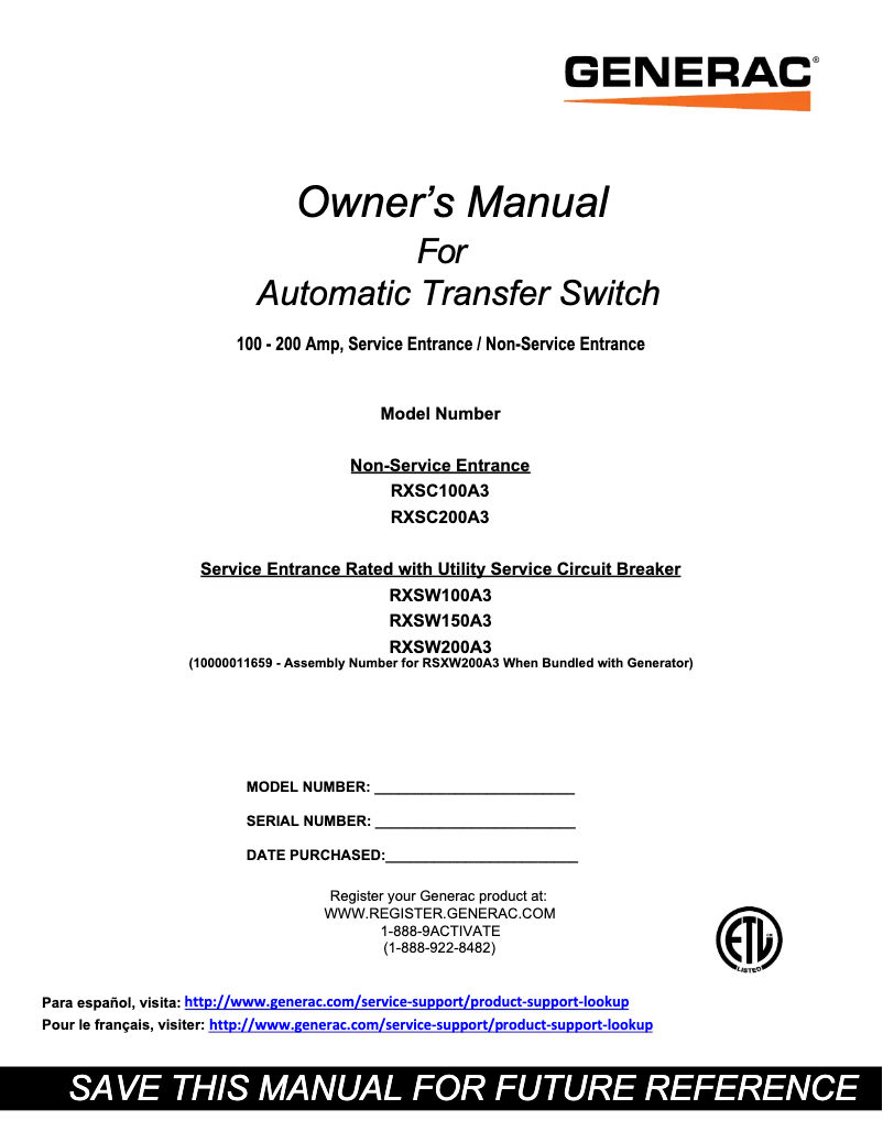 Page n°1 - Manuel utilisateur Generac RXSW150A3