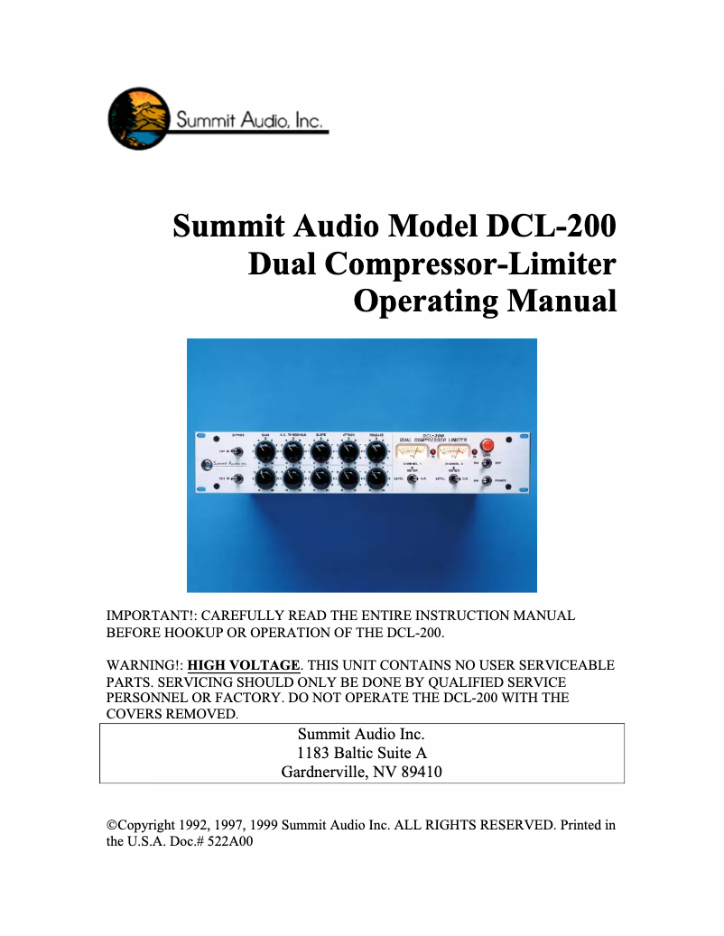 Page 1 de la notice Manuel utilisateur Summit Audio DCL-200