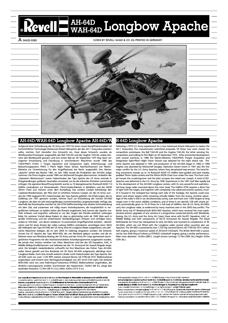 Page n°1 - Manuel utilisateur Revell AH-64D Longbow Apache/WAH-64D