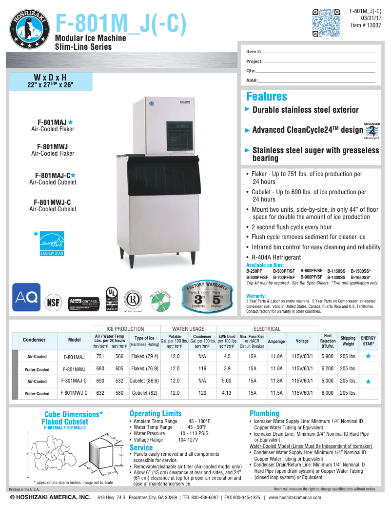 Página 1 del manual Ficha técnica Hoshizaki F-801MWJ-C
