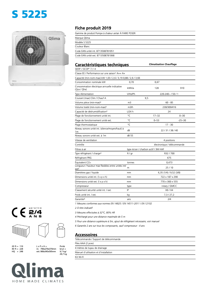 Page 1 de la notice Fiche technique Qlima S 5225