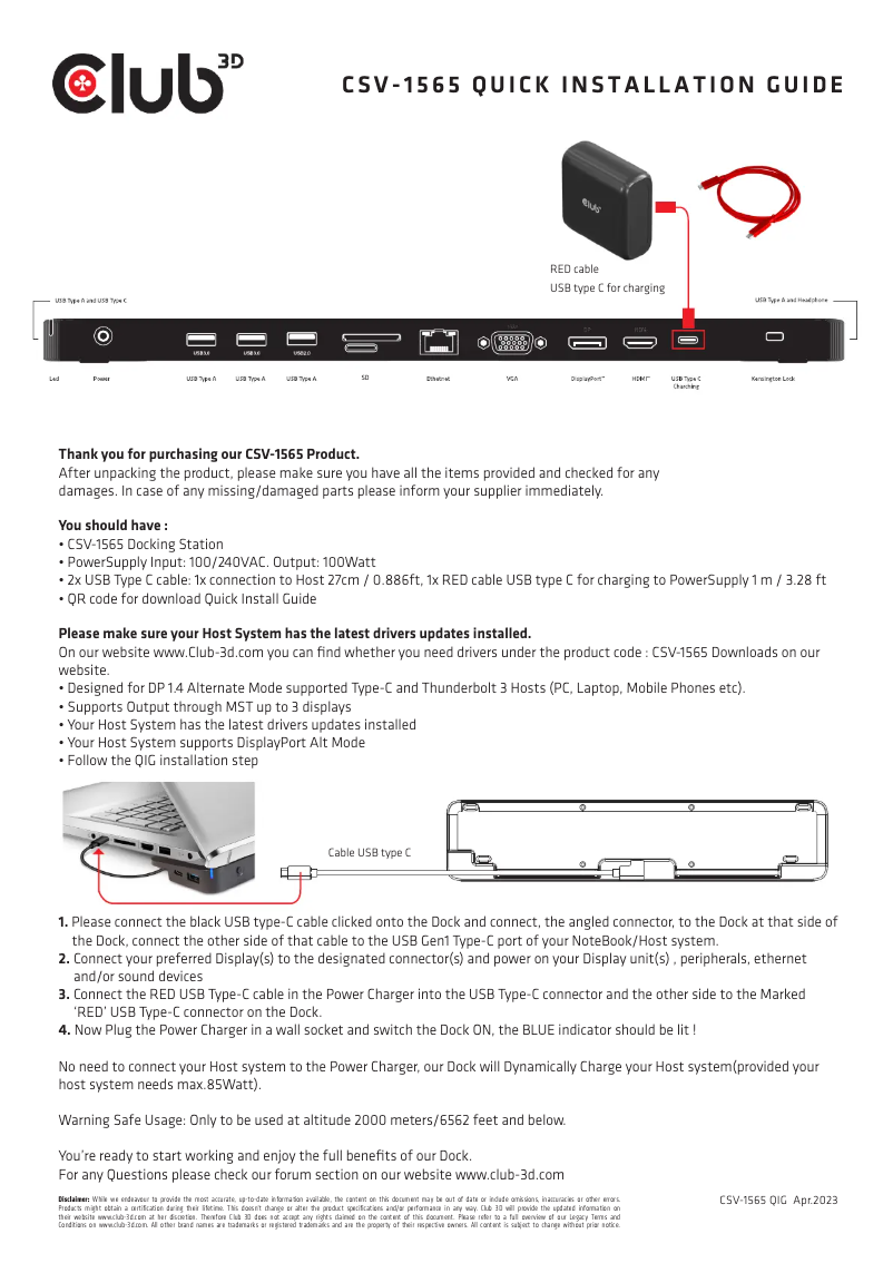 Page n°1 - Manuel utilisateur CLUB3D CSV-1565