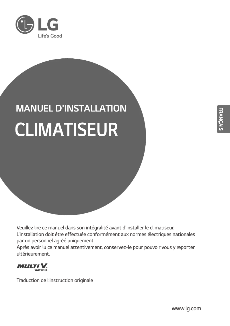 Page 1 de la notice Guide d'installation LG MULTI V ARWN100LAS4
