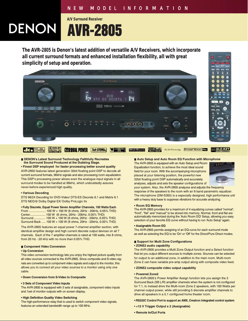 Page 1 de la notice Fiche technique Denon AVR-2805