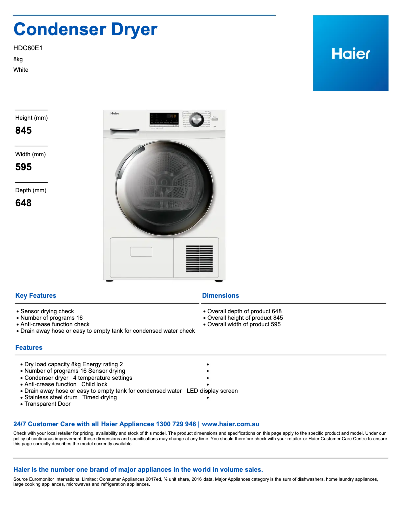 Page 1 de la notice Fiche technique Haier HDC80E1