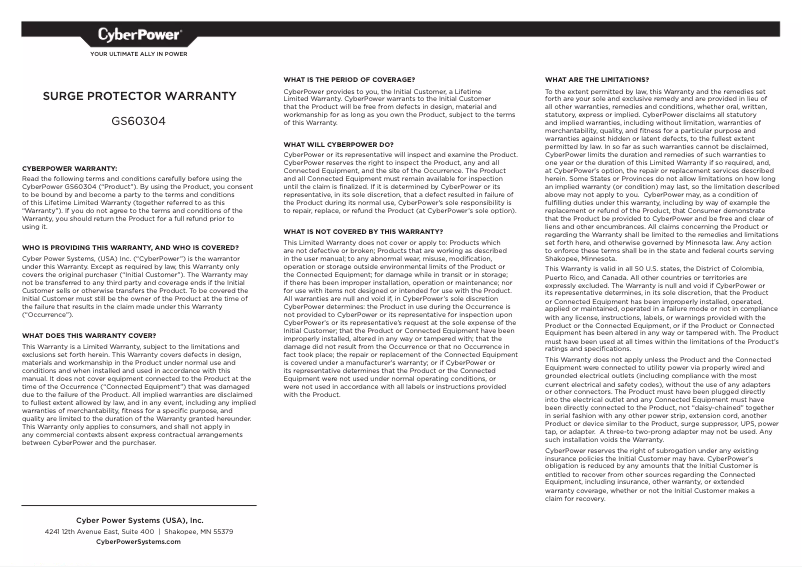 Page n°1 - Informations de garantie CyberPower GS60304