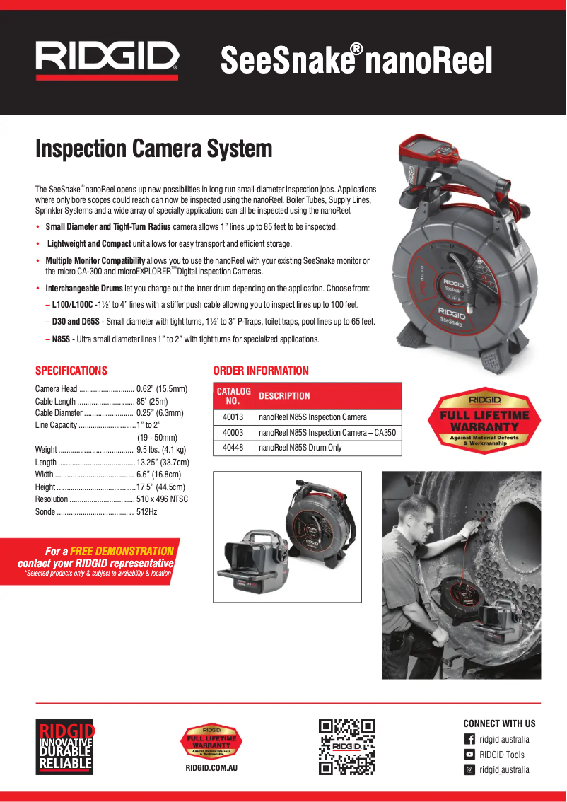 Page 1 de la notice Catalogue Ridgid SeeSnake nanoReel