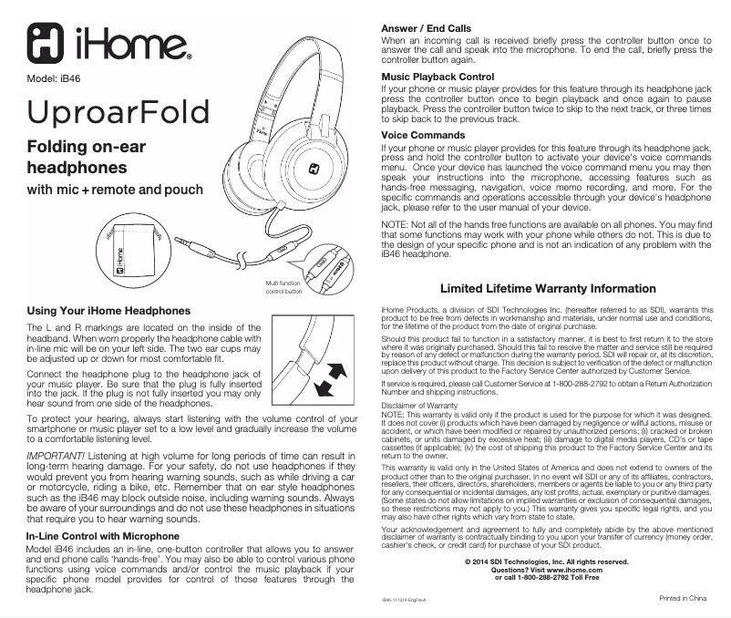 Page 1 de la notice Manuel utilisateur iHome Uproar iB46