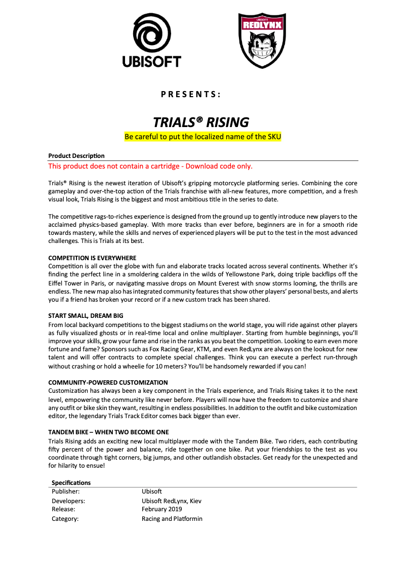 Page 1 de la notice Manuel utilisateur Ubisoft Trials Rising