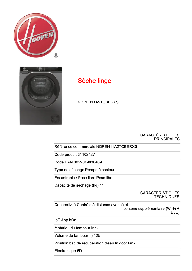 Page n°1 - Fiche technique Hoover NDPEH11A2TCBERXS