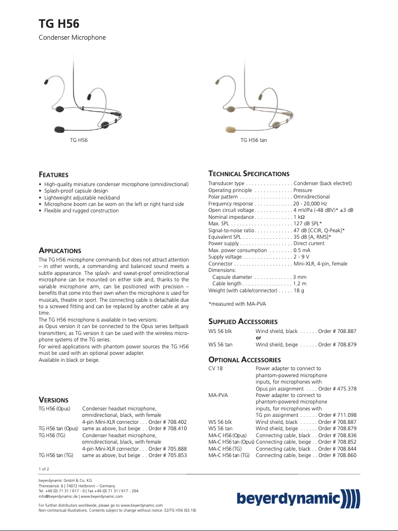 Page n°1 - Fiche technique Beyerdynamic TG H56