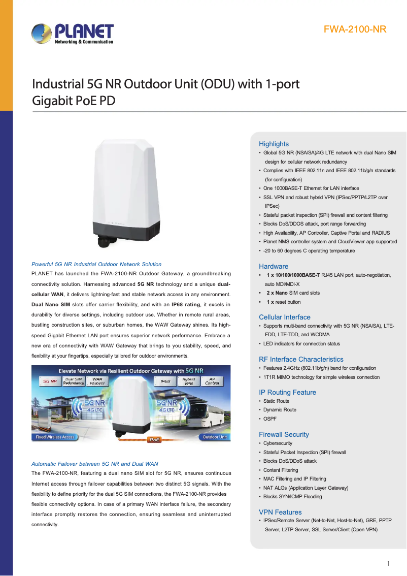 Page 1 de la notice Fiche technique Planet FWA-2100-NR