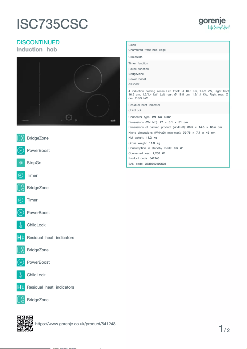 Page n°1 - Fiche technique Gorenje ISC735CSC