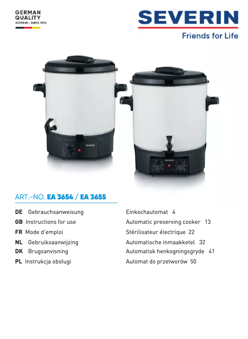 Page 1 de la notice Manuel utilisateur Severin EA 3654