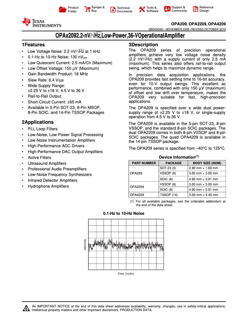 Page 1 de la notice Manuel utilisateur Texas Instruments OPA209AID