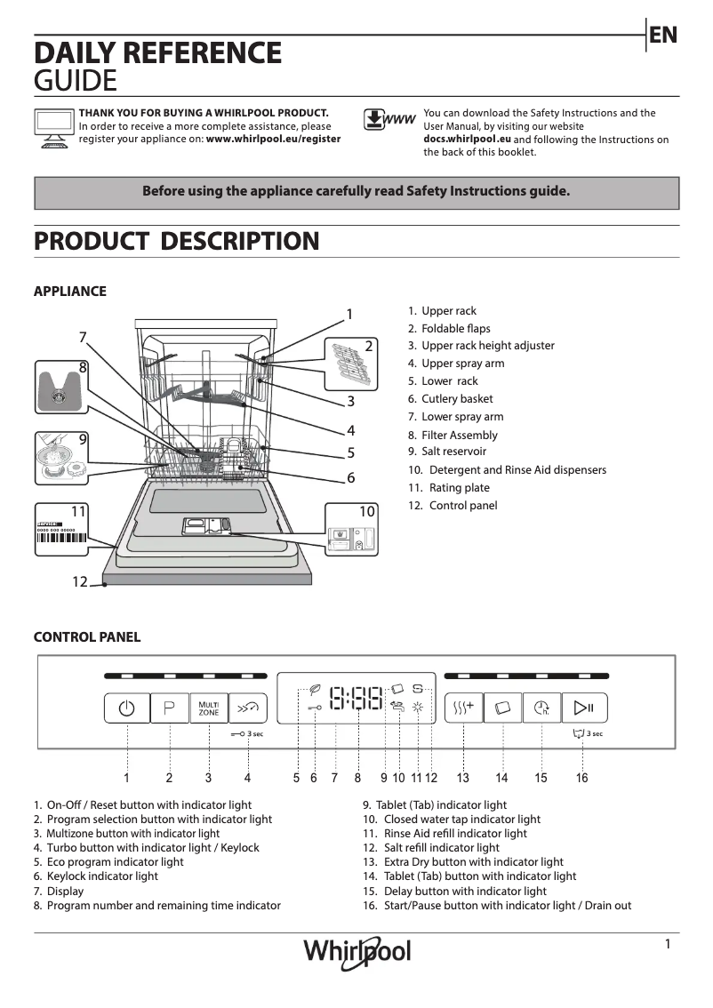 Page 1 de la notice Guide de démarrage rapide Whirlpool WFO 3C33 6.5 X