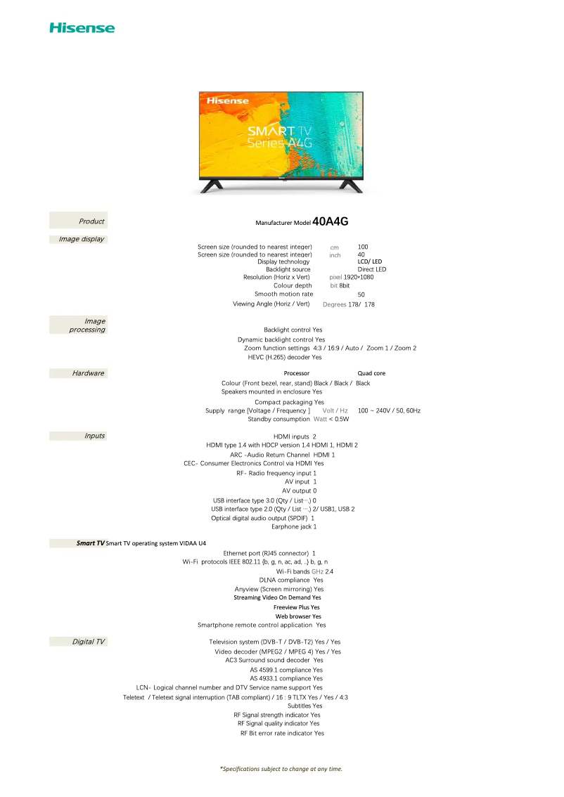 Page 1 de la notice Fiche technique Hisense 40A4G