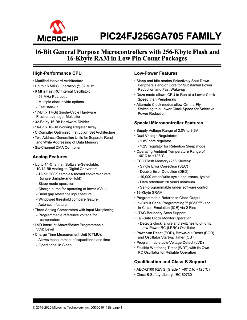 Page 1 de la notice Fiche technique Microchip PIC24FJ64GA702