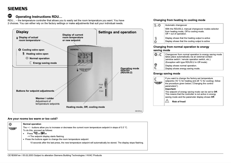 Page n°1 - Manuel utilisateur Siemens RDU50.2