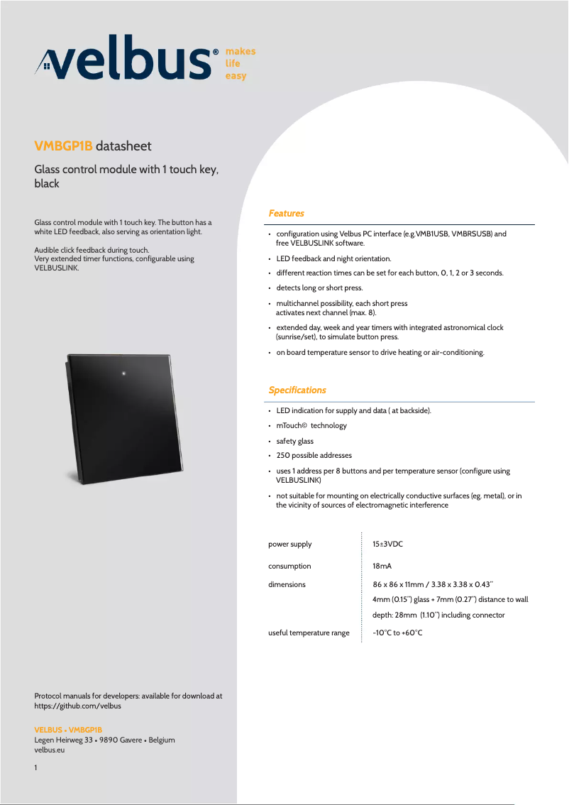 Page n°1 - Fiche technique Velbus VMBGP1B