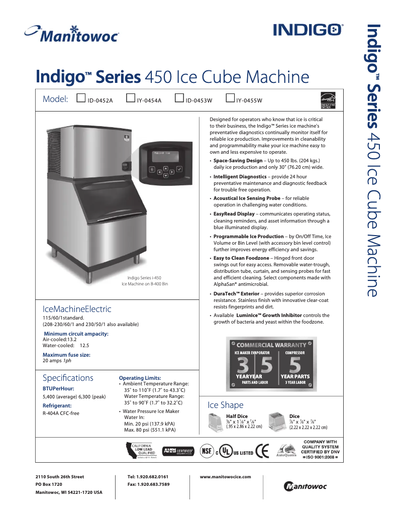 Page 1 de la notice Fiche technique Manitowoc IY-0454A