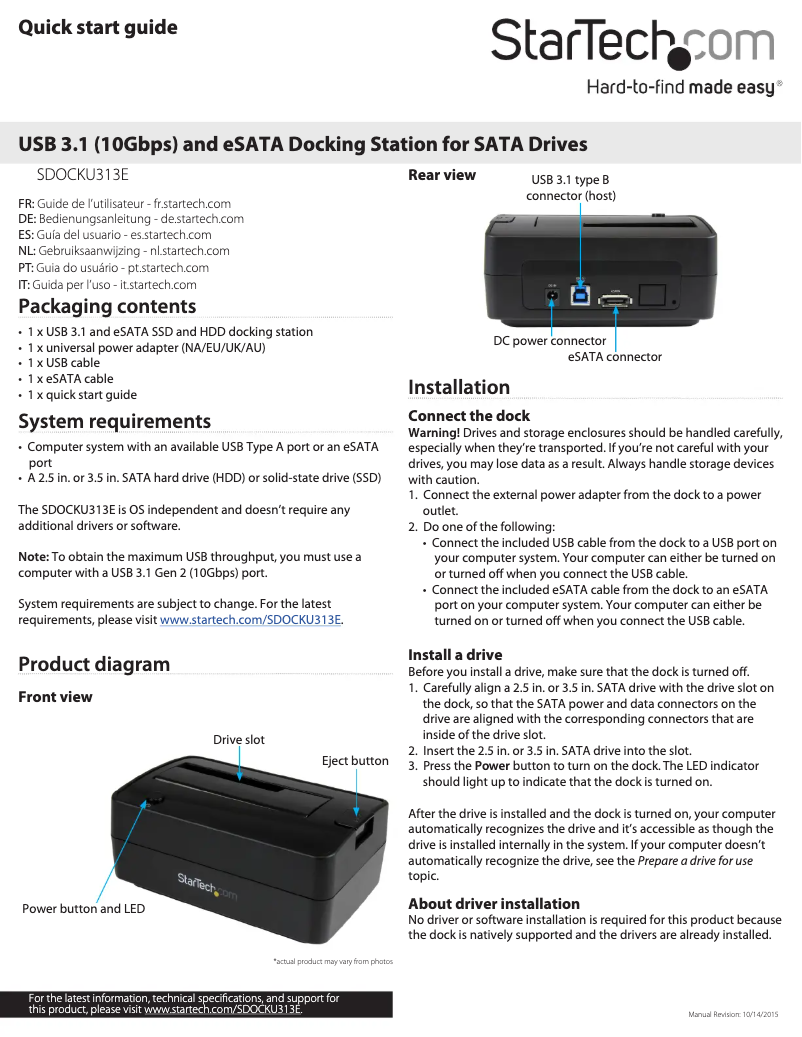 Page n°1 - Manuel utilisateur StarTech.com STSDOCKU313E