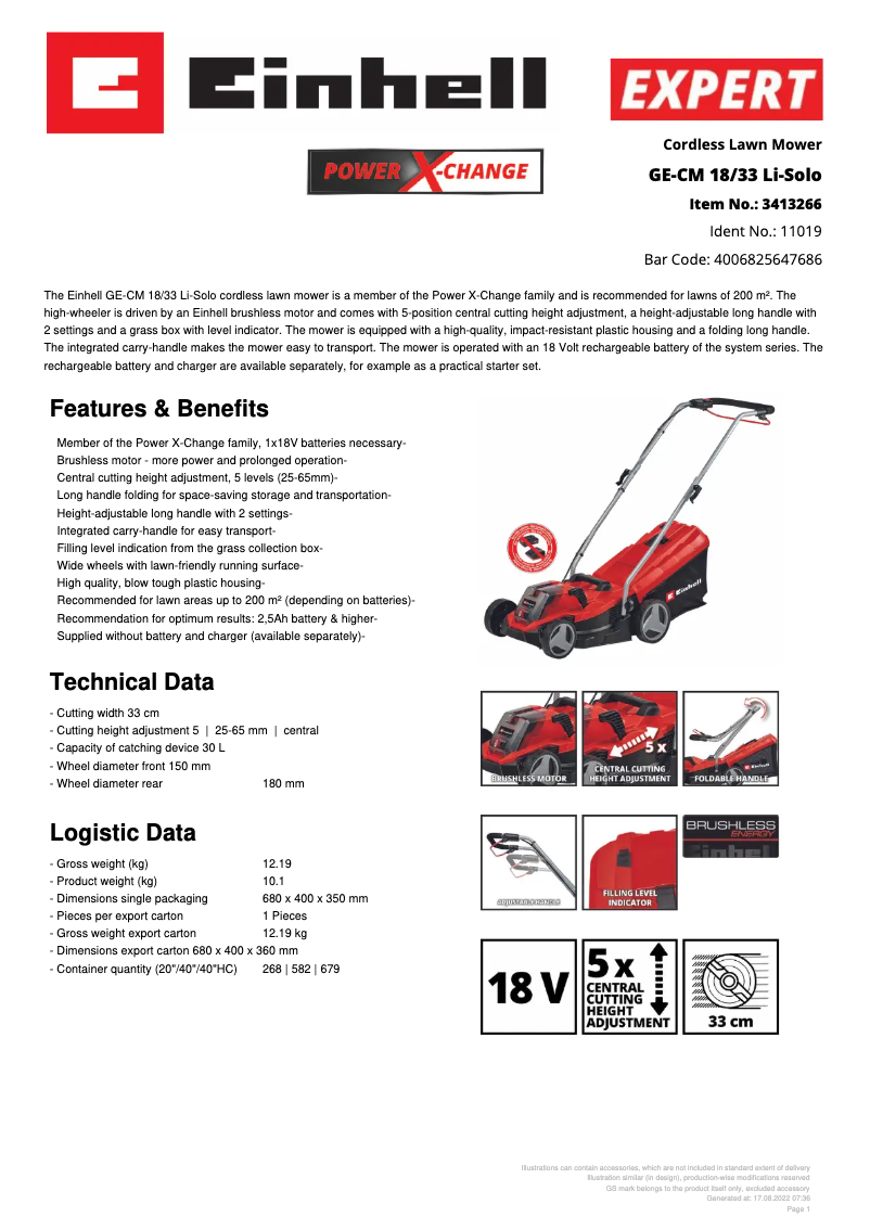 Page 1 de la notice Fiche technique Einhell GE-CM 18/33 Li-Solo