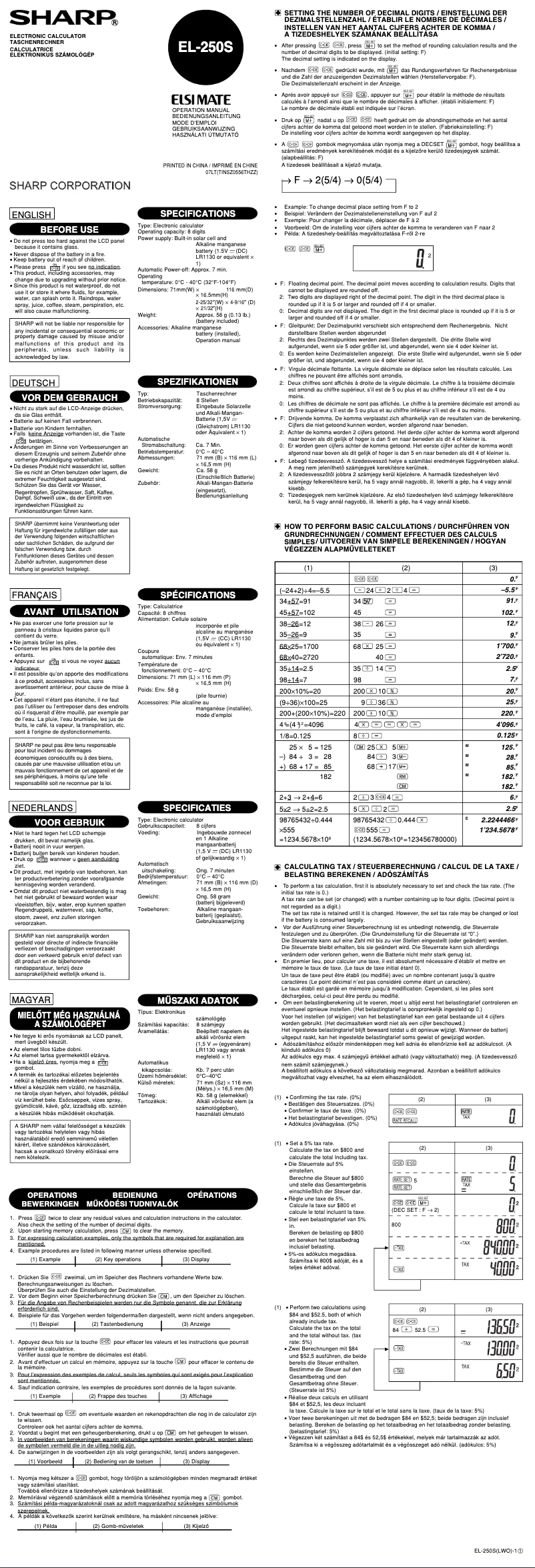 Page 1 de la notice Manuel utilisateur Sharp EL-250S