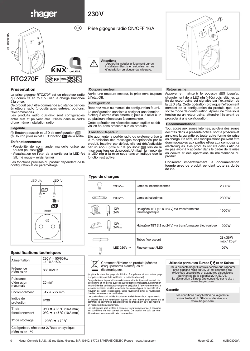 Page n°1 - Manuel utilisateur Hager RTC270F