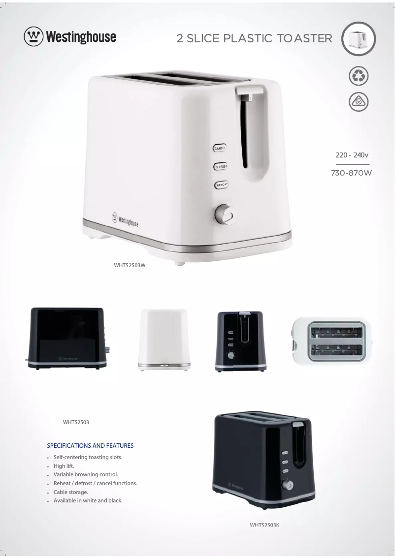 Page 1 de la notice Fiche technique Westinghouse WHTS2S03W