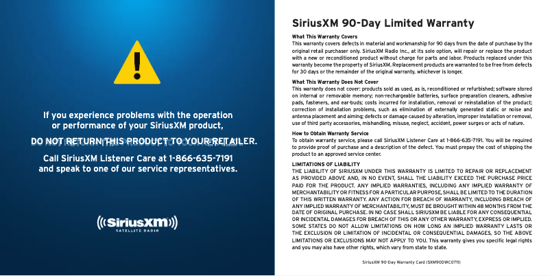 Page n°1 - Informations de garantie audiovox SiriusXM SXSD2