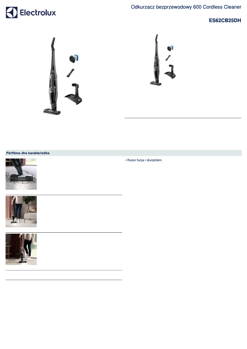 Page 1 de la notice Fiche technique Electrolux ES62CB25DH