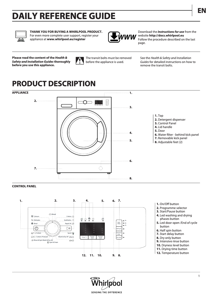 Page 1 de la notice Instructions / montage Whirlpool WWDE 7512