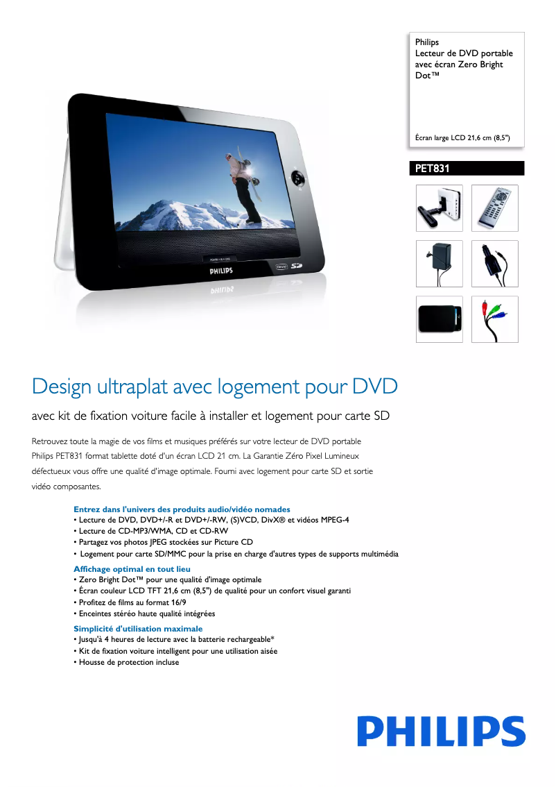 Page 1 de la notice Fiche technique Philips PET831