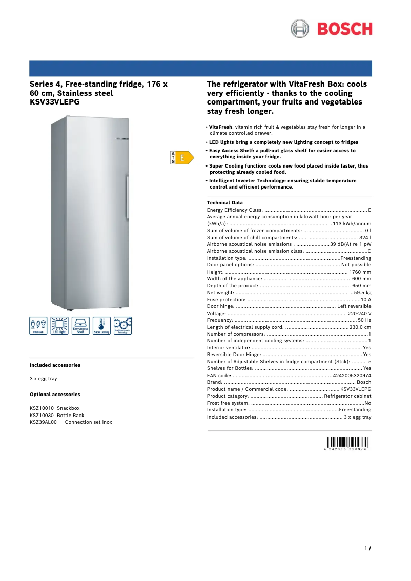 Página 1 del manual Ficha técnica Bosch KSV33VLEPG