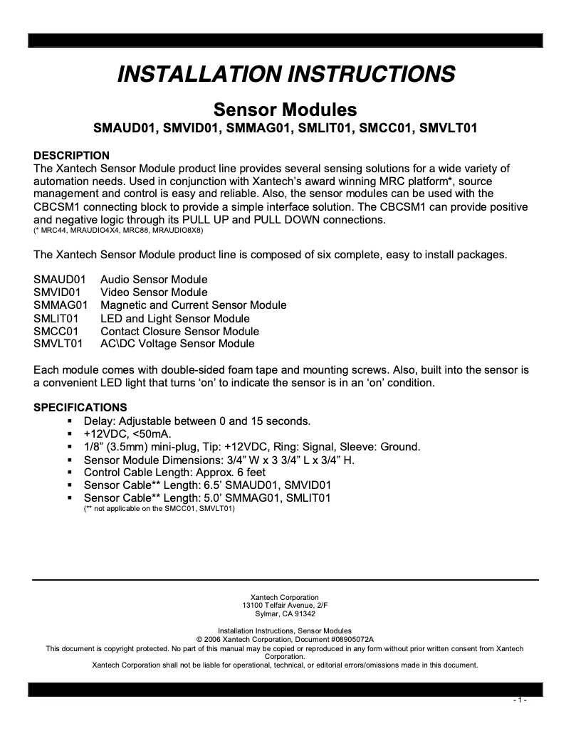 Page n°1 - Manuel utilisateur Xantech SMAUD01