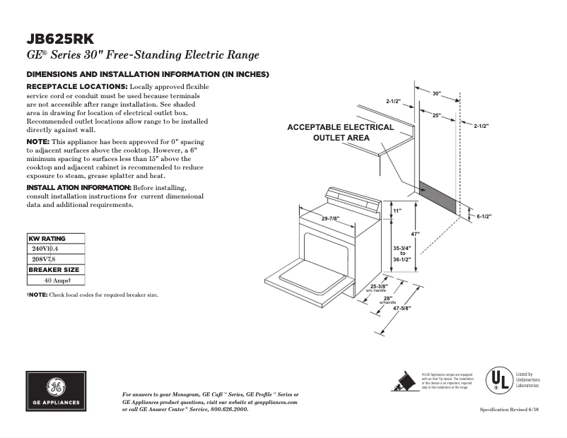 Page 1 de la notice Fiche technique GE JB625RKSS