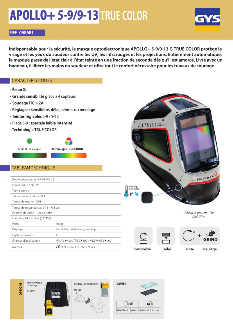Page 1 de la notice Fiche technique GYS LCD Apollo+ 5/9-9/13 G