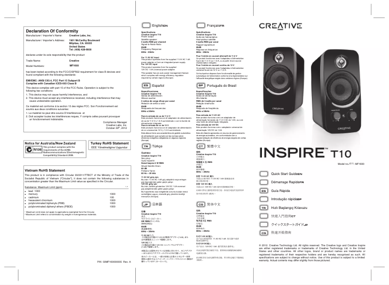 Page n°1 - Manuel utilisateur Creative T10