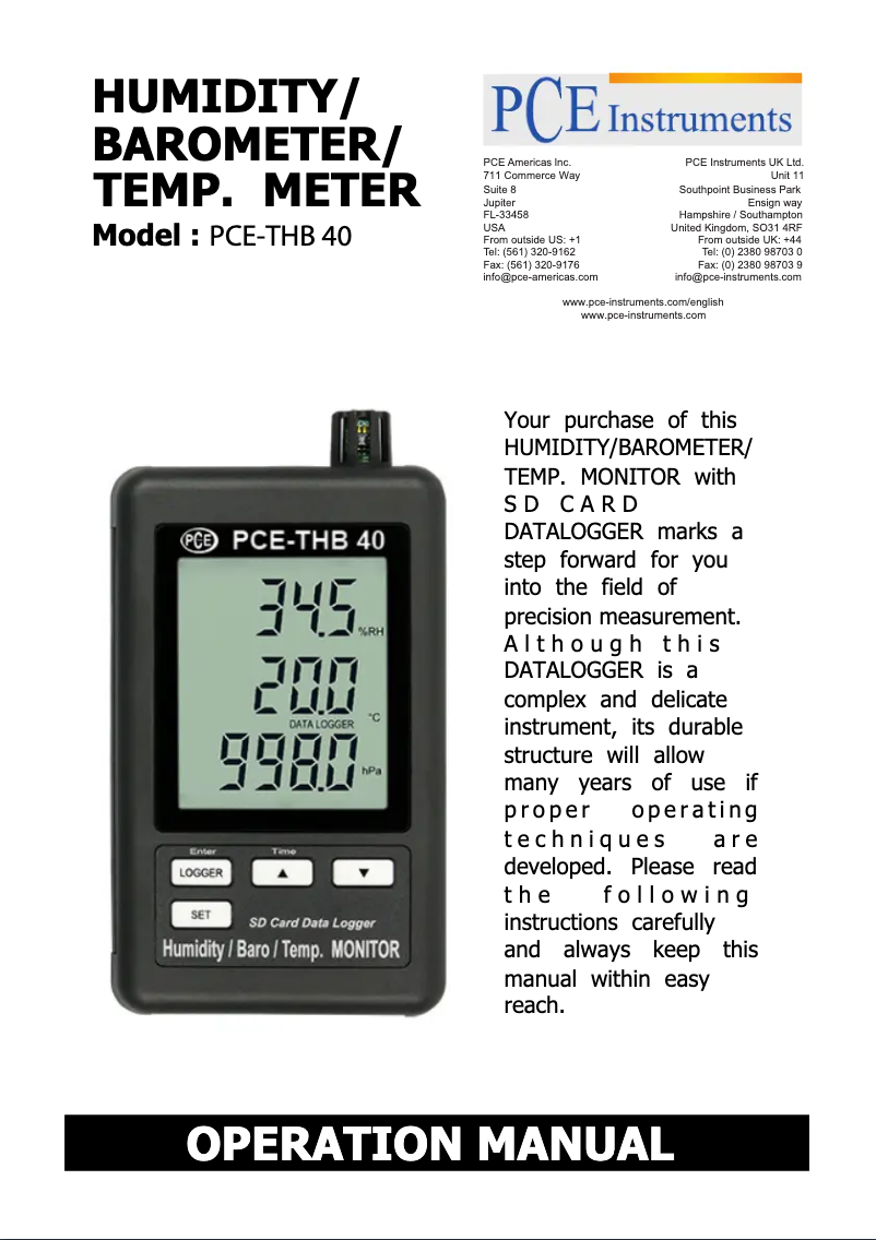 Page n°1 - Manuel utilisateur PCE Instruments PCE-THB 40