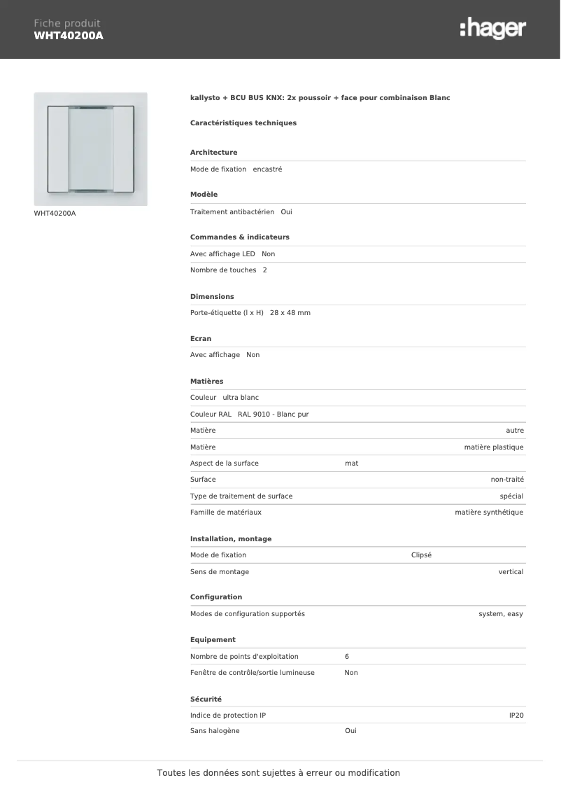 Page 1 de la notice Fiche technique Hager WHT40200A