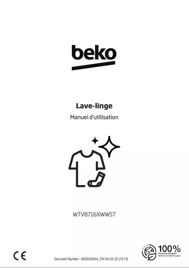 Page 1 de la notice Manuel utilisateur Beko WTV8716XWWST