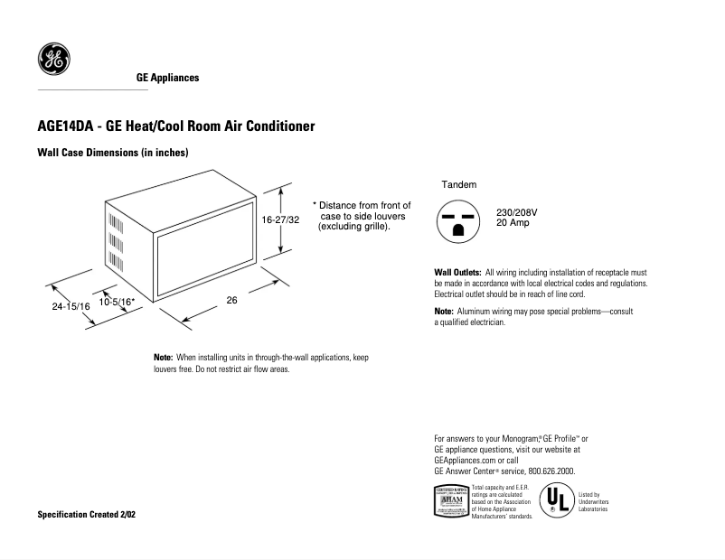Page 1 of the manual Technical Sheet GE A14DA