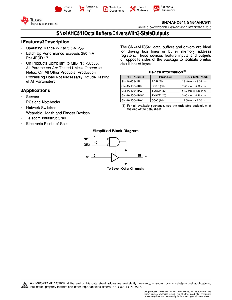 Page 1 de la notice Manuel utilisateur Texas Instruments SN74AHC541N